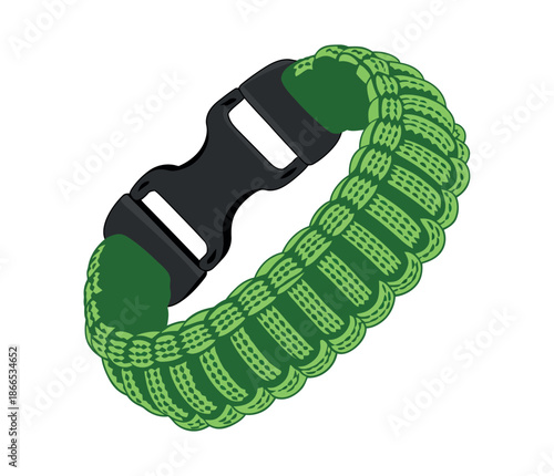 A green paracord survival bracelet with a black plastic buckle is displayed isolated on white.