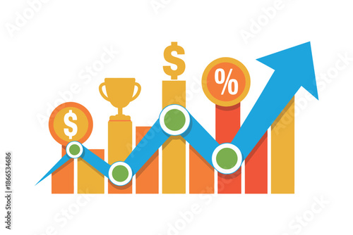 A colorful bar graph illustrates financial growth with icons of money, a trophy, and a percentage sign.