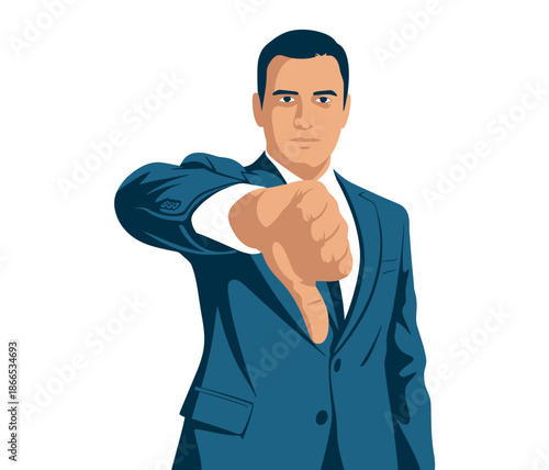 A man in a suit gives a thumbs down gesture, indicating disapproval or rejection.