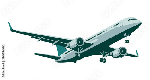 A modern passenger airplane ascends into the sky during takeoff with its landing gear extended.