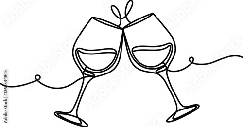 Two Wine Glasses Clinking Continuous Line Art