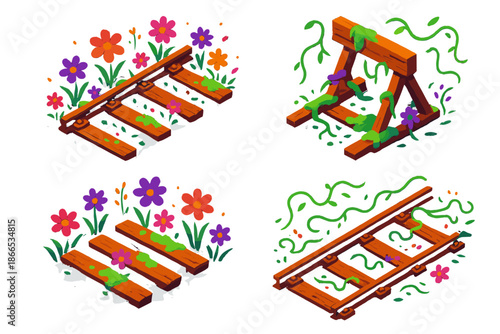 Abandoned Railway Bloom. Isometric vector illustration set Abandoned Railway Bloom: derelict train lines, glowing wildflowers,