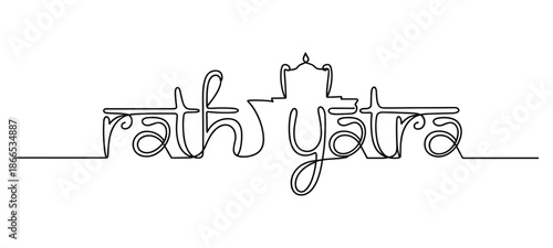 Continuous line of Rath Yatra text with chariot silhouette calligraphy.