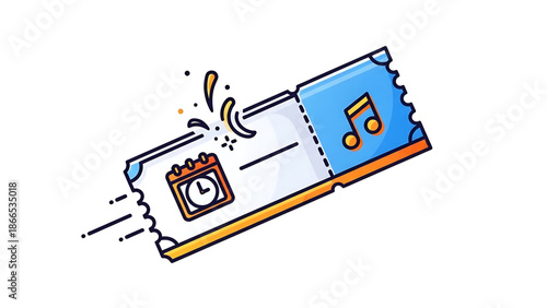 A colorful vector graphic of two tickets with a musical note and clock icon