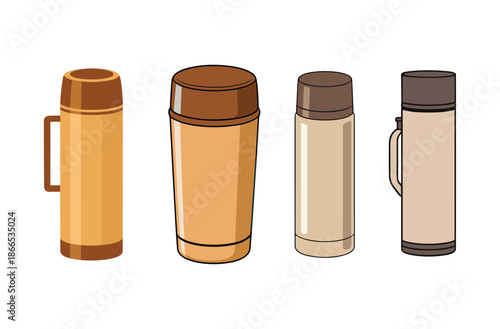 Four different styles of vintage thermoses with brown and tan colors bottle container.