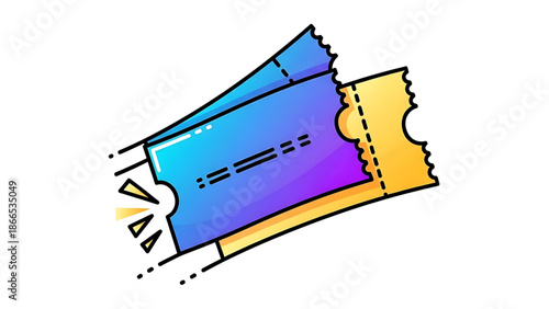 A colorful illustration of two tickets with a vibrant design and bold lines