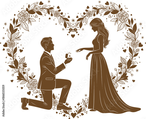 Romantic couple getting engaged with heart floral wreath around them