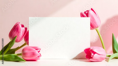 Bouquet of pink tulips and white paper blank of invitation card with copy space for text. Hello spring. Mockup of gift voucher or certificate the International Womens day. May flowers. Frame template.