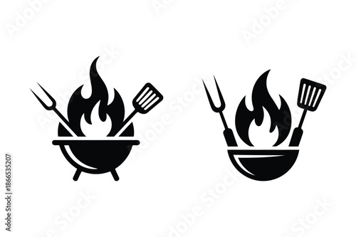 Barbecue Grill Icons With Flames and Utensils