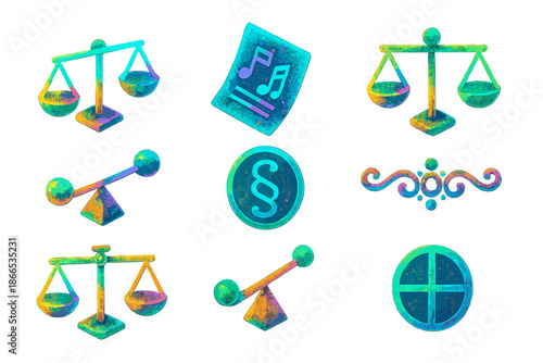 Neon Fulcrum Symphony. Isometric vector illustration set Fulcrum Patina Verse: neon balance fulcrums, glowing patina textures,