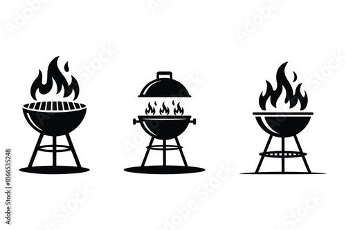 Barbecue Grill Icons With Flames