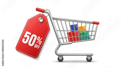 A shopping cart with a 50 percent off discount tag and colorful products inside