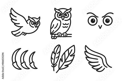 Nocturnal Bird Icons. Line style icons of Nocturnal Birds: night bird in flight, perched night bird, wide eyes, sharp talons,