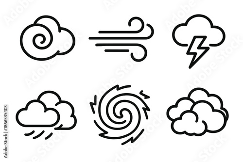 Storm Line Icons. Line style icons of Storm: swirling cloud, heavy gust, lightning arc, rolling mass, turbulent shape, storm