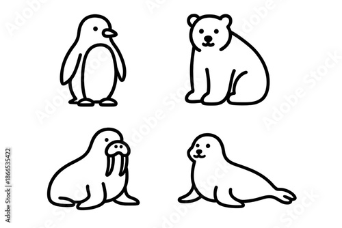Arctic Creature Icons. Line style icons of Arctic Creatures: cold-land shape, rounded form, soft stance, minimal beak tip, simple