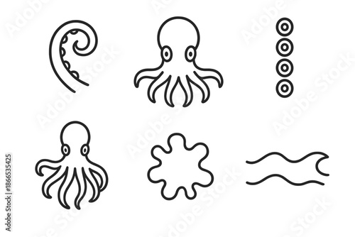 Octopus Line Icons. Line style icons of Octopus: curled tentacles, octopus head, suction cups, flowing arms, small ink shape,