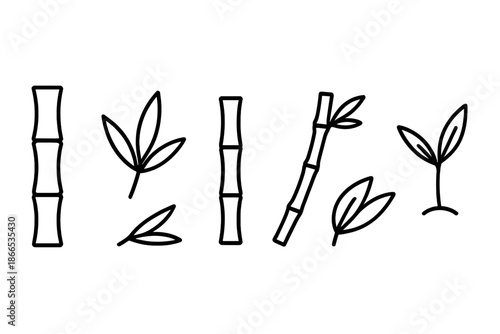 Bamboo Line Icons. Line style icons of Bamboo: bamboo stalk, leaf cluster, segmented stem, bending shoot, twin leaves, simple
