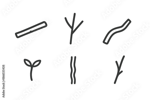 Branch Line Icons. Line style icons of Branch: simple branch, forked twig, curved limb, small sprout, bark line, thin extension.