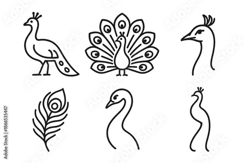 Peacock Line Icons. Line style icons of Peacock: standing peacock, fanned tail, peacock head, feather arc, long neck curve,