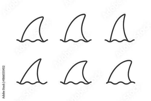 Line Style Fin Icons. Line style icons of Fin: single fin, curved fin, tall dorsal, pointed fin tip, smooth arc, minimal water