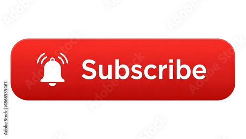 A red subscribe button with a white bell icon and text on a plain background