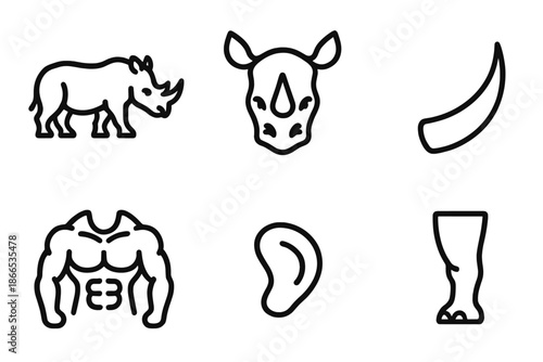 Minimalist Rhino Icons. Line style icons of Rhinoceros: standing rhino, rhino head, curved horn, strong body, ear arc, sturdy leg