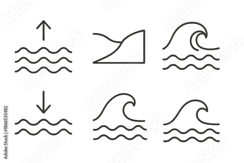 Tide Line Icons. Line style icons of Tide: rising tide, falling tide, shoreline curve, wave push, water swell, soft crest. No text