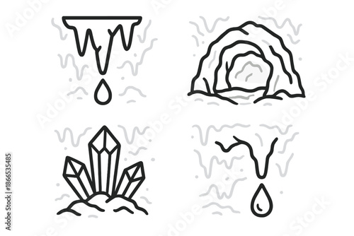 Cave Icon Elements. Line style icons of Cave Elements: stalactite hint, mineral drop, rocky curve, crystal sprout, soft dark
