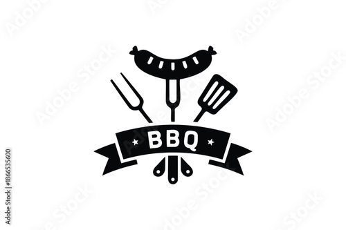 BQ Sausage Logo With Utensils and Ribbon 