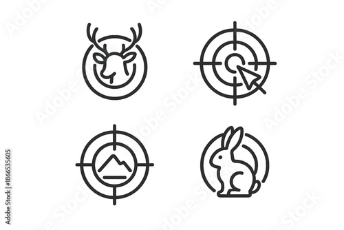 Target Icons Collection. Line style icons of Hunt Targets: small shape, curved form, natural outline, tiny landmark, minimal