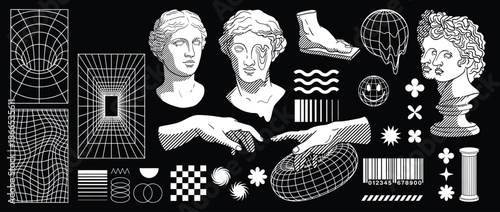 Retro futuristic vector illustration set with modern sculpture statues, surreal geometric shapes, wireframe forms, cyberpunk elements and perspective grids in trendy psychedelic techno style