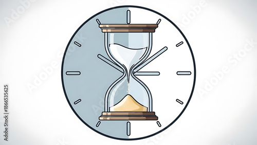 A minimalist vector graphic of an hourglass inside a clock face