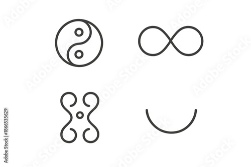 Harmony Symbols Icons. Line style icons of Harmony Symbols: smooth contour, paired line forms, rounded accents, gentle balance arc