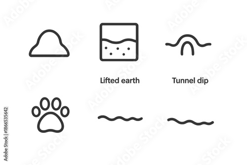 Soil Crest Icons. Line style icons of Soil Crest Outlook: small silhouette, lifted earth, tunnel dip, paw outline, uneven surface,