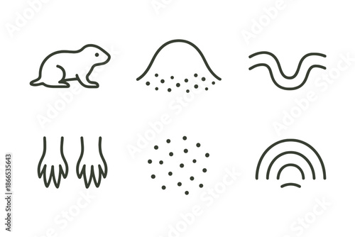 Burrow Line Icons. Line style icons of Burrow Mound Sight: small creature outline, soil hump, inner tunnel, digging paws, grainy