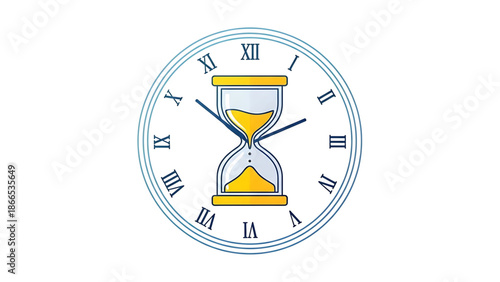 A vector graphic illustration of a clock with an hourglass in the center