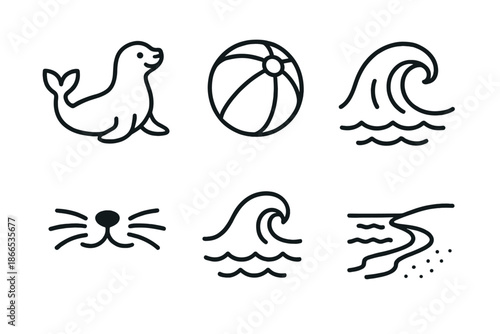 Coastal Pup Icons. Line style icons of Coastal Pup Play: playful seal form, toy sphere, cresting water, whisker lines, surf motion