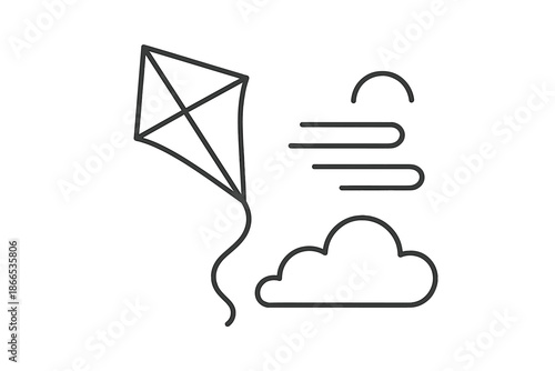 Cloudtail Kite Icons. Line style icons of Cloudtail Kite Rise: flying shape, upper sky, long tail, cloud edge, airflow lines,
