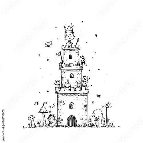 King Tower Castle with Crown and Butterflies