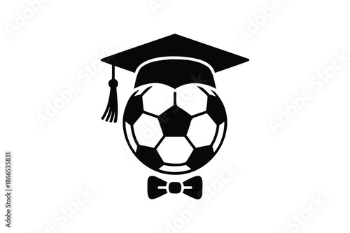 Soccer ball wearing a graduation cap and bow tie
