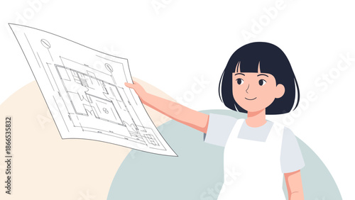 Enthusiastic Female Architect Showing Blueprint for New Residence Project