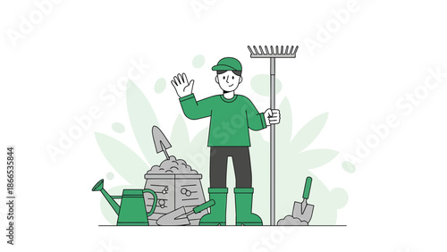 Enthusiastic Gardener Waving Next To Garden Tools And Foliage Graphic
