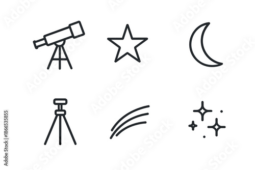 Skywatch Telescope Icons. Line style icons of Skywatch Scope Moment: telescope shape, single star, slim moon, sturdy tripod, sky