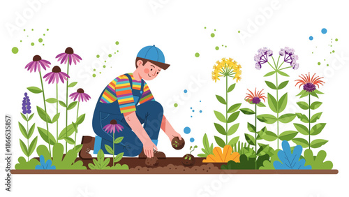 Enthusiastic Gardener Planting Seedlings In A Flowerbed With Care And Attention