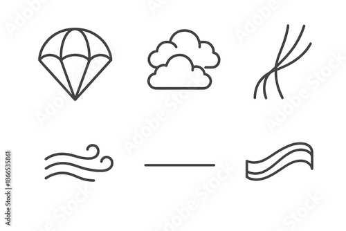 Cloudlift Chute Icons. Line style icons of Cloudlift Chute: lifted canopy, calm clouds, line tension, breeze flow, horizon trace,