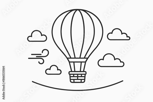 Aerial Basket Icons. Line style icons of Aerial Basket Voyage: lifted balloon, wicker basket, soft clouds, breeze strokes, sky