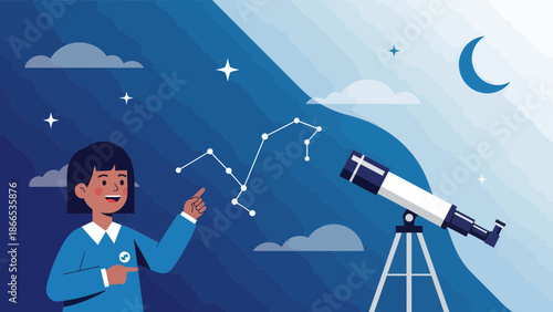 Enthusiastic Girl Exploring The Night Sky With Constellations And Telescope