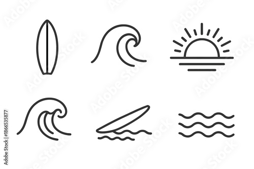 Wave Crest Icons. Line style icons of Wave Crest Sunbeam: surfboard figure, crest curl, sunbeam arc, foam detail, rail stroke, sea