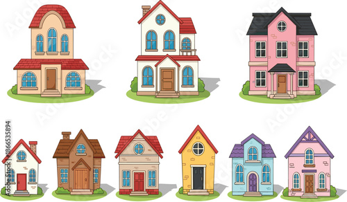 Colorful cartoon houses collection with unique architecture, roofs, windows, and doors in vector style for residential building design illustrations