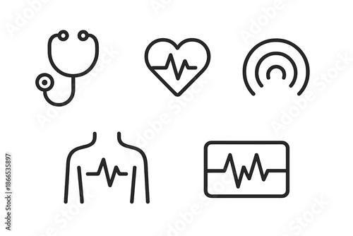 Rhythm Care Icons. Line style icons of Rhythm Care Listen: medical outline, heart symbol, pulse arc, torso trace, sound motion,